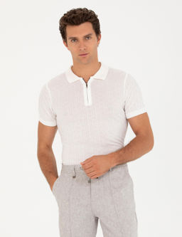 Beyaz Slim Fit Polo Yaka Triko T-Shirt
