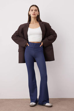 Lacivert Denim Gorunumlu Wideleg Yuksek Bel Esnek Orme Pantolon TWOAW26PL00030