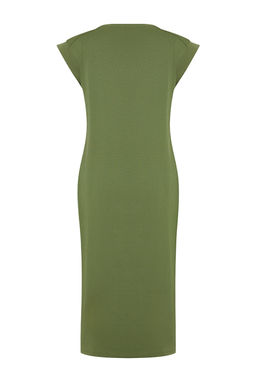 Haki Duz T-shirt Elbise %100 Pamuk Ay Kol Shift/Rahat Kesim Midi Midi Elbise TWOSS24EL00126