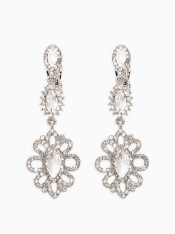 Клипсы для ушей висячие со стразами QF Ажур в стразах, эллипс, цвет белый в серебре