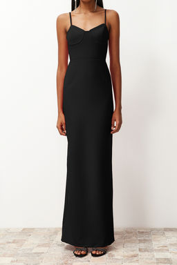 Siyah Gogus Detayl? Vucuda Oturan Dokuma Uzun Gece Abiye Elbise TPRSS24AE00115