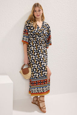 Cok Renkli Etnik Desenli A Kesim Kruvaze Yaka Midi Dokuma Elbise DWOSS24EL00913