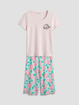 Bisiklet Yaka ?i?ekli Kad?n Kaprili Pijama Tak?m?