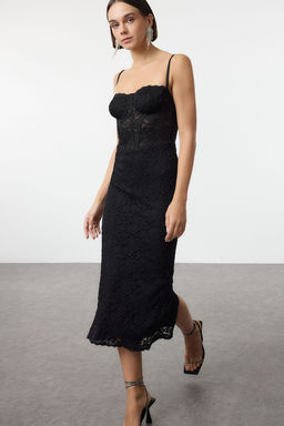 TRENDYOLMILLA Siyah Astarl? Dantel Orme Midi Elbise TPRAW25EL00120  фото 2