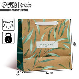 Цена за 2 шт. Пакет подарочный крафтовый квадратный, упаковка, «Present», 14 х 14 х 9 см