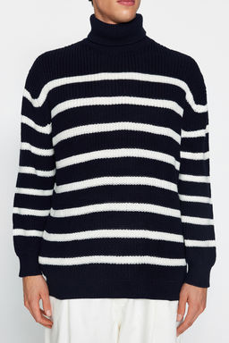 TRENDYOL MAN Lacivert Casual Unisex Oversize Fit Genis Kal?p Cizgili Triko Kazak TMNAW24KZ00017 - Trendyolmilla фото 16