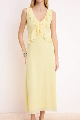 Sar? A-Kesim/Can Form V Yaka Kolsuz Volanl?/F?rf?rl? Midi Kopuk Orme Elbise TWOSS26EL00212