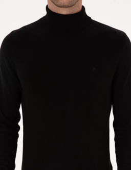 Siyah Slim Fit Bal_k__ Yaka Pamuk Kar___ml_ Basic Triko Kazak