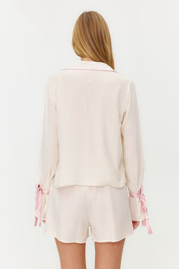 Trendyolmilla Ekru Baglamal?/Kurdele/Fiyonklu ve Biyeli Viskon Sortlu Dokuma Pijama Tak?m? THMSS24PT00047  фото 32