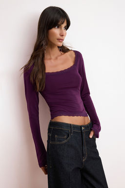 Murdum Duz Kare Yaka Uzun Orme Sandy Party Bluz TPRAW26BZ00045