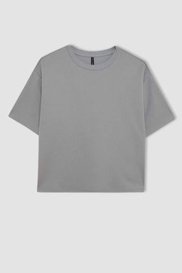 Женская серая базовая однотонная футболка с круглым вырезом и короткими рукавами Relax Fit - Defacto фото 7