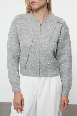 Gri Yumusak Dokulu Fermuarl? Tas Islemeli Ceket Gorunumlu Triko H?rka TWOAW25HI00168