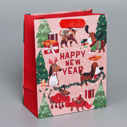 Пакет подарочный новогодний крафтовый вертикальный «Собачьи истории», MS 18 х 23 х 10 см