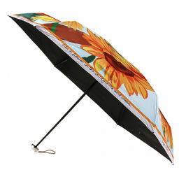 Зонт-мини механический Цветы и бабочки ткань эпонж (полиэстер) с деколью + черное УФ-покрытие, 6 лучей, д/купола 91см, 5 сложений, 17см в сложенном виде, механизм против ветра, пластмассовая ручка, подсолнухи, 223гр (Китай)