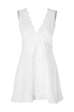 Beyaz Dokuma Mini Brodeli 100% Pamuk Plaj Elbisesi TBESS26EL00009