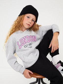 Bask?l? Uzun Kollu K?z ?ocuk Hoodie