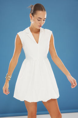 Beyaz Balon Etek Gomlek Yaka Poplin Mini Dokuma Elbise TWOSS25EL00319 - Trendyolmilla фото 2