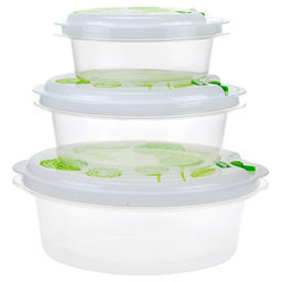 Контейнер пластмассовый Розы набор 3 шт: 0,3л - 13х9,7х5см, 0,7л - 16,5х12,2х6,3см, 1,3л - 20,2х15,2х7,7см, с пароотводом, для хранения в холодильнике, цвета микс (Китай)