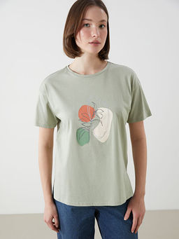 Bisiklet Yaka Bask?l? Kad?n Ti??rt