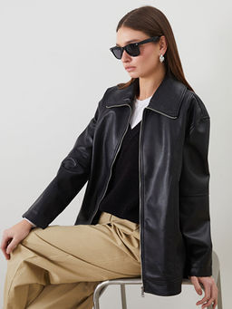 Oversize Kad?n Deri G?r?n?ml? Ceket