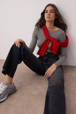 Siyah Yuksek Bel Pacas? Kesikli Wide Leg/Genis Paca Palazzo Comfort/Esnek Smoke Jeans TWOAW26JE00081