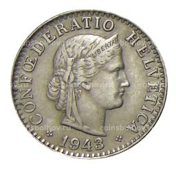 Монета 20 раппенов 1943 года Швейцария
