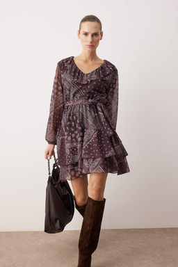 Cok Renkli Boho/Boho Chic Bask?l? F?rf?r Detayl? Mini Tul Esnek Orme Elbise TWOAW26EL00251