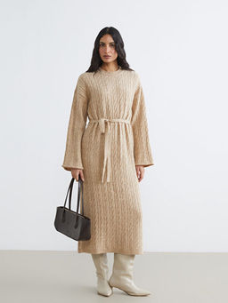 Bisiklet Yaka Kendinden Desenli Ku?akl? Triko Elbise