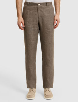 Kahverengi Slim Fit Beli Lastikli %100 Keten Pantolon