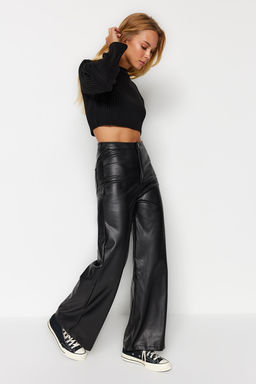 Siyah Suni Deri Wide Leg Cep Detayl? Orme Pantolon TWOAW24PL00103