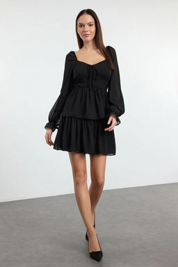 Siyah F?rf?rl? Mini Astarl? Sifon Ucus Ucus Dokuma Elbise TWOAW23EL01455