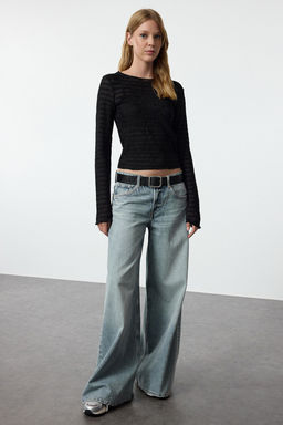 Siyah Fitted/Vucuda Oturan Dokulu Tul Esnek Orme Bluz TWOAW25BZ00207 - Trendyolmilla фото 6