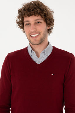 Erkek Slim Fit V Yaka Bordo Basic Kazak - U.s. polo assn фото 2