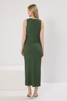 Trendyolmilla Haki Dokulu Kumas Astarl? Bisiklet Yaka S?f?r Kol Midi Orme Elbise TWOSS25EL00094  фото 3