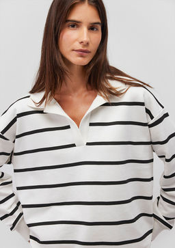 Siyah Cizgili Polo Yaka Sweatshirt - Mavi фото 2