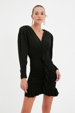 Siyah Vucuda Oturan Astarl? Volanl? Orme K?sa S?k Abiye Gece Mezuniyet Elbisesi TPRAW22EL1909