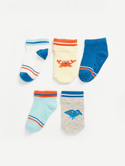 Bask?l? Erkek Bebek Patik ?orap 5li