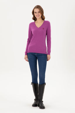 Женский фиолетовый базовый свитер с v-образным вырезом - U.s. polo assn фото 4