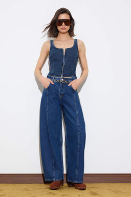 Limited Edition Mavi Ask?l? Crop %100 Pamuk Denim Bluz TWOSS26BZ00427 - Trendyolmilla фото 2