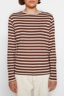 Kahverengi Cizgili Basic Bisiklet Yaka Orme T-shirt TWOAW23TS00002