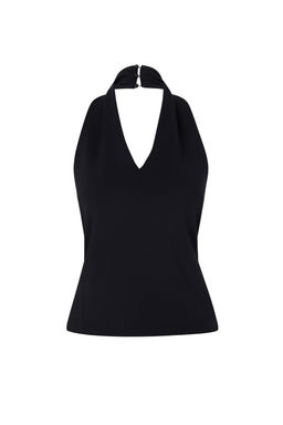 Trendyol Studio Collection Siyah Fitted/V_cuda Oturan Kolsuz _nterlok Esnek _rme Bluz TWOSS26BZ00578