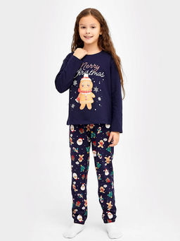 Комплект для девочек (джемпер, брюки) синий с принтом в виде новогодних печенек