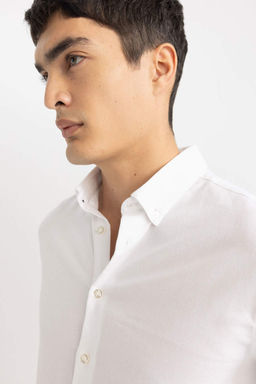 Рубашка с длинными рукавами и фактурной текстурой в современном стиле с воротником-поло - Defacto фото 5