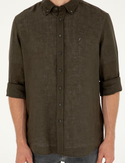 Koyu Haki Regular Fit %100 Keten G_mlek