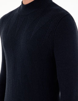 Lacivert Slim Fit Yar_m Bal_k__ Yaka Y_n Kar___ml_ Triko Kazak