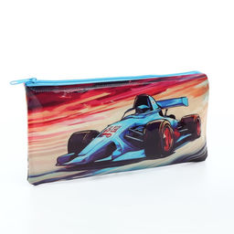 Косметичка-пенал на молнии, с рисунком Авто, голубая/оранжевая
