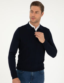 Lacivert Regular Fit Fermuarl_ Polo Yaka Triko Kazak