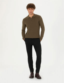 Koyu Haki Slim Fit Fermuarl_ Polo Yaka Triko Kazak