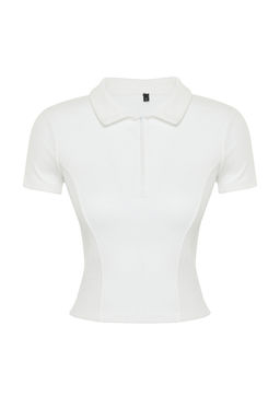 Ekru Fitilli Dikis Detayl? Polo Yaka Crop Esnek Orme Bluz TWOSS24BZ00366