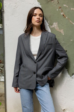 Kahverengi Koyu Mavi Cizgili Oversize Blazer Ceket TWOAW26BC00025 - Trendyolmilla фото 8